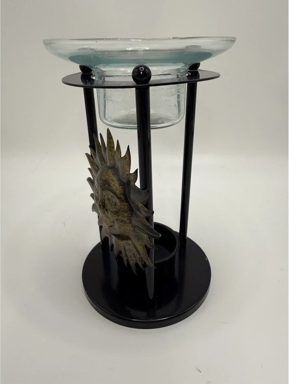 Celestial Sun Candle Holder & Oil Warmer Metal Bronze Finish Glass Top Vintage